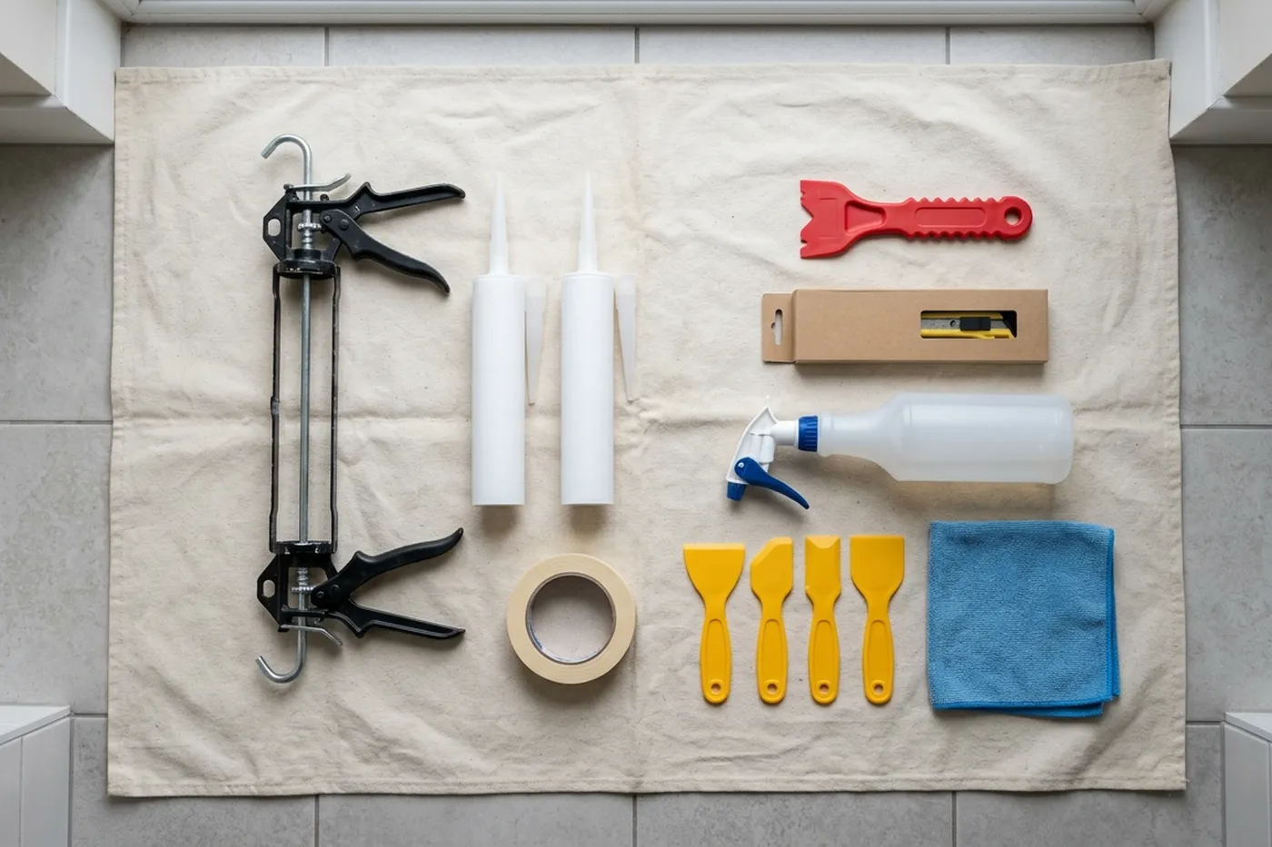A sealant fitter's kit laid out on a dust sheet: a cartridge gun, cartridges, a removal tool, blades, masking tape, a spray bottle and tooling spatulas