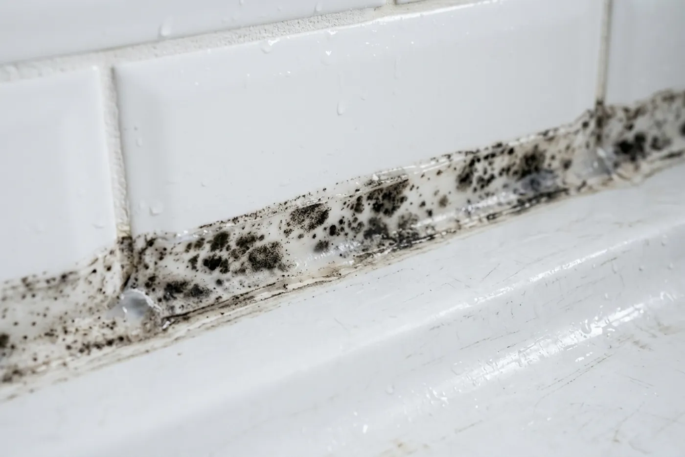 A close view of an old bathroom sealant joint with black mould spotting deep inside the silicone along a shower tray edge