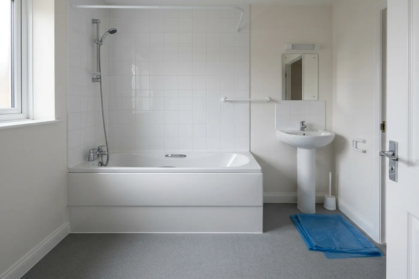 A plain rented flat bathroom with white bath and basin against white tiles, freshly resealed and empty of belongings ready for a handover