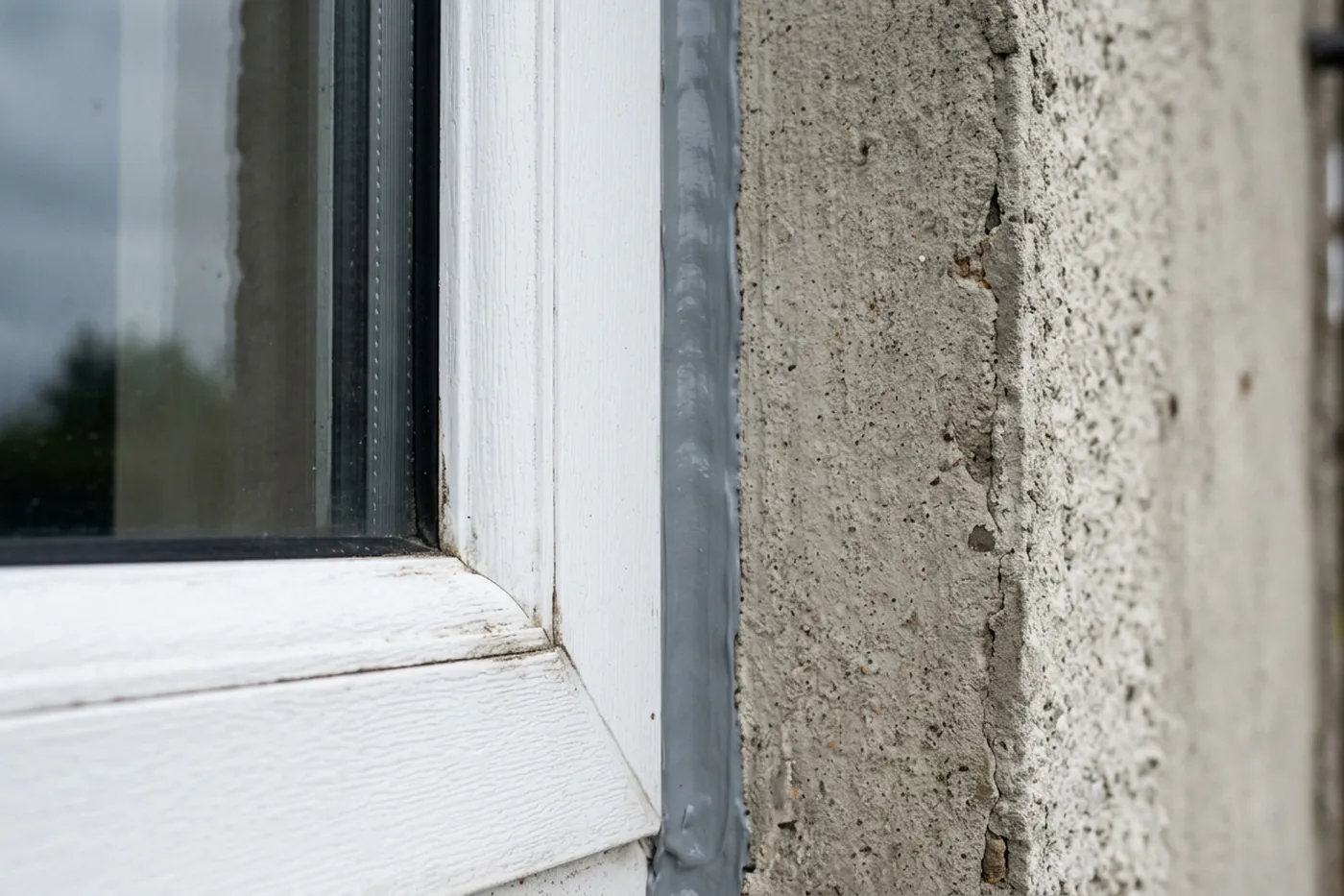 A white window frame meeting a rendered wall, with the perimeter joint between the frame and the render carrying a grey sealant line